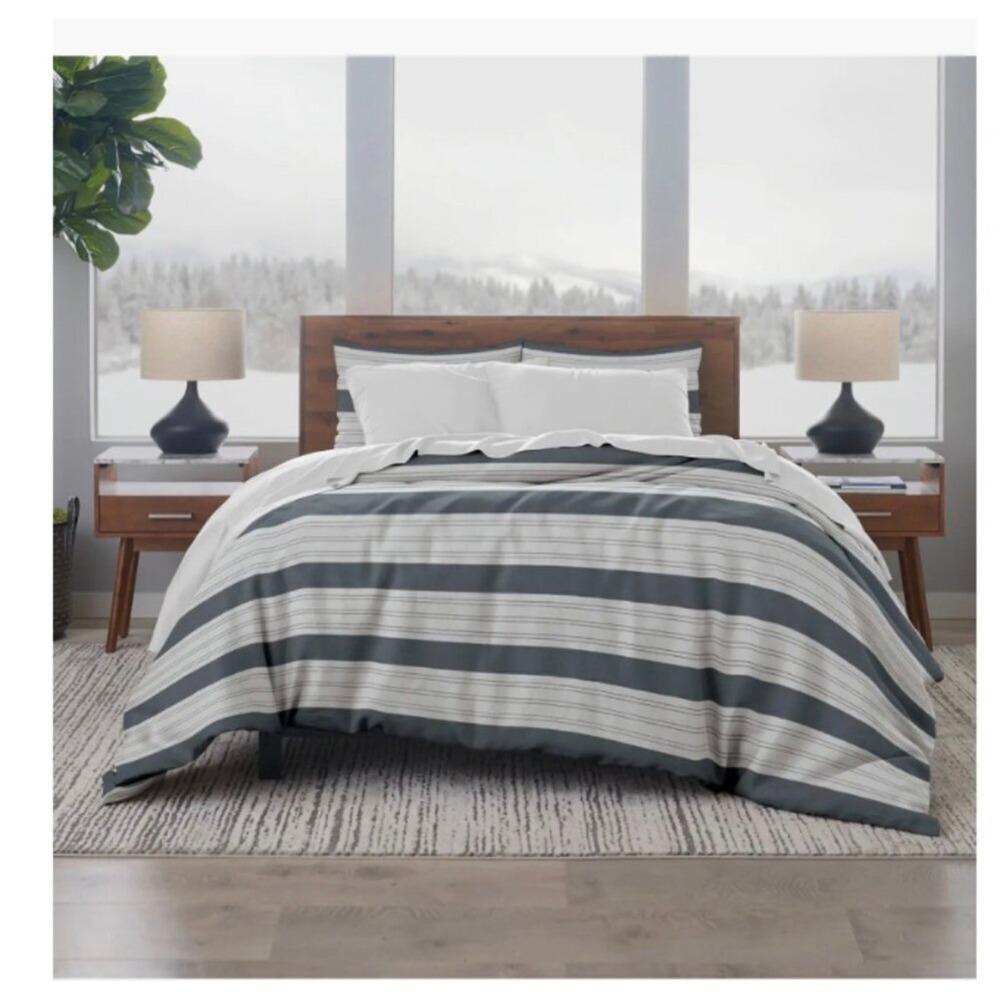Ella Jayne Duvet Cover Set Full/Queen Charcoal White Wide Stripe Linen Cotton